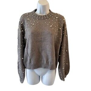 POL Pearl Embellished Full Sleeve Knit Sweater Sz L Pullover Comfy Boho
